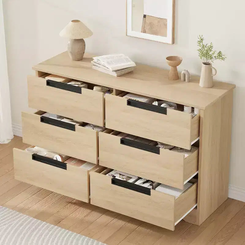 6 Drawer Dresser for Bedroom, Natural Double Dresser Organizer with Embedded Handles Design, Wooden Chest of Drawers for Living Room Nursery Hallway