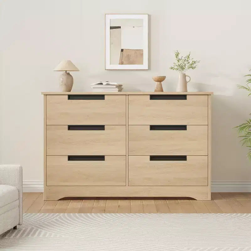 Commode à 6 tiroirs pour chambre à coucher, Organisateur double commode naturel avec poignées encastrées, Commode en bois pour salon, chambre d'enfant ou couloir