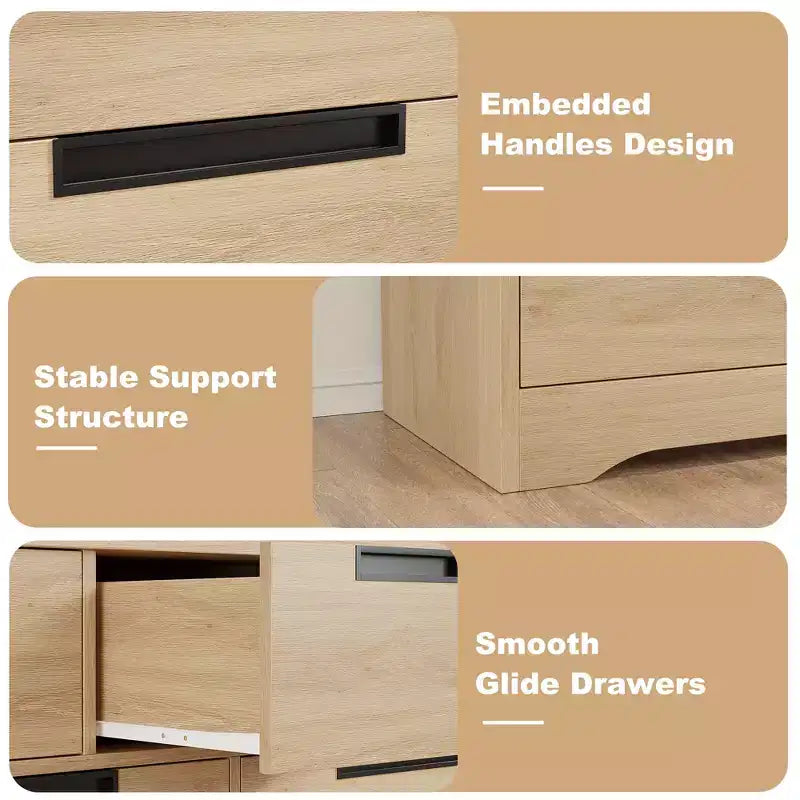 6 Drawer Dresser for Bedroom, Natural Double Dresser Organizer with Embedded Handles Design, Wooden Chest of Drawers for Living Room Nursery Hallway