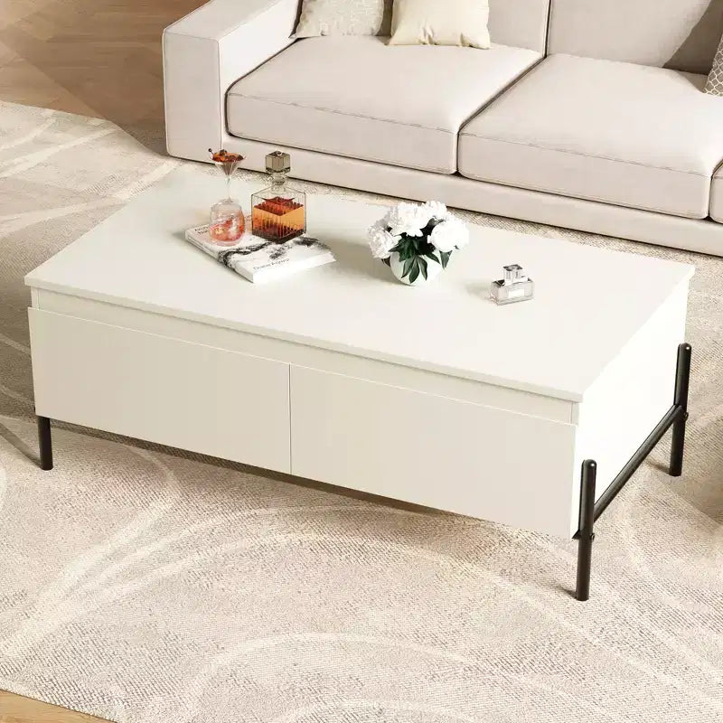 Table basse Garvee avec 2 tiroirs sans poignée, table basse blanche avec étagère de rangement ouverte