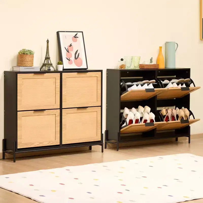 Meuble à chaussures en rotin VEVOR, avec 4 tiroirs basculants, meuble de rangement de chaussures mince avec pieds en métal, pour entrée, placard, couloir, noir