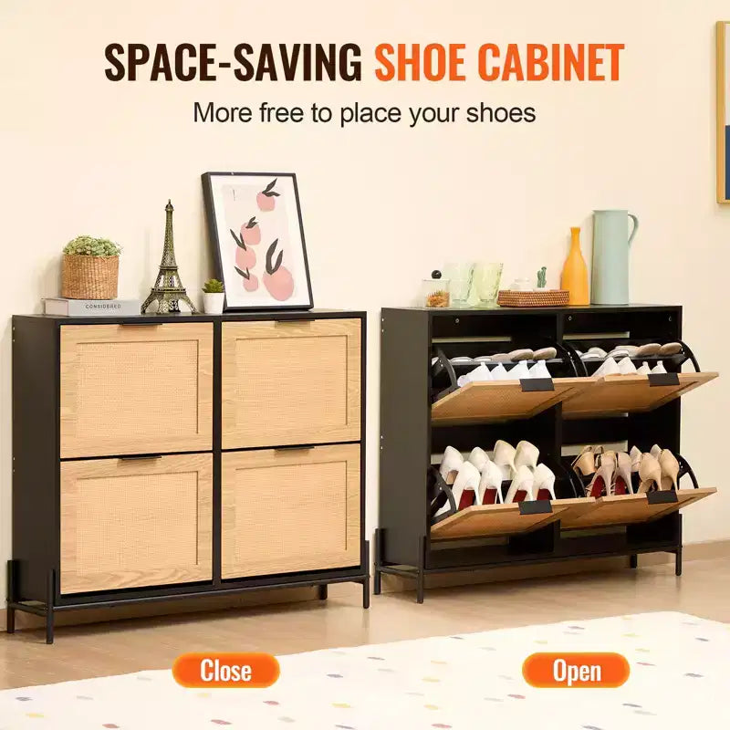 VEVOR Rattan Shoe Cabinet, with 4 Flip Drawers, Slim Shoe Entryway Storage Cabinet with Metal Legs, for Entryway, Closet, Hallway, Black