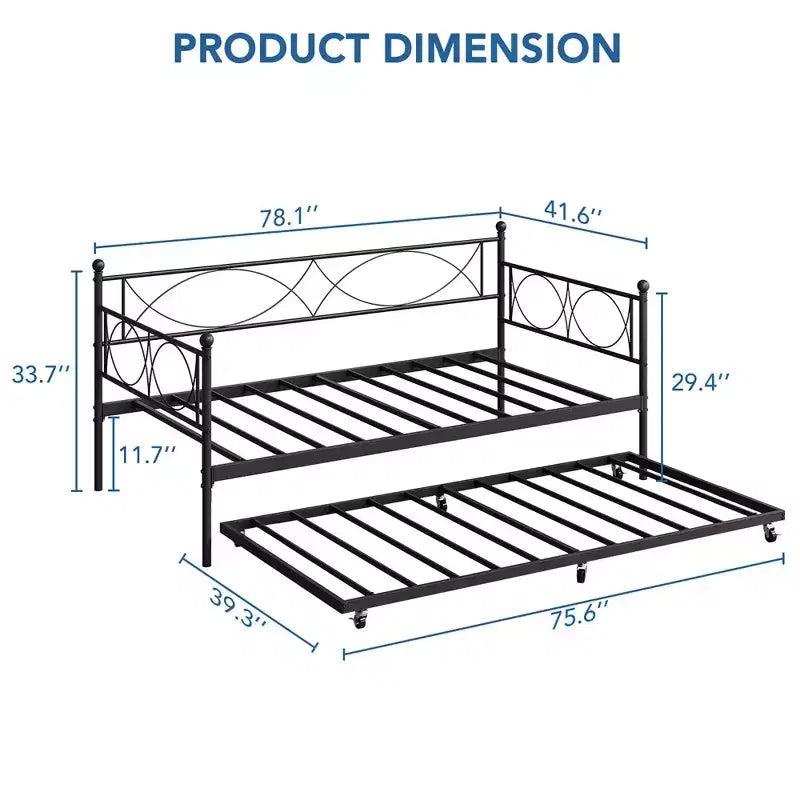 Lit de repos jumeau avec lit gigogne, Ensemble lit de repos et lit gigogne jumeau en métal, Cadre de lit de repos avec support de lattes en acier, Cadre de lit de repos multifonctionnel pour chambre à coucher