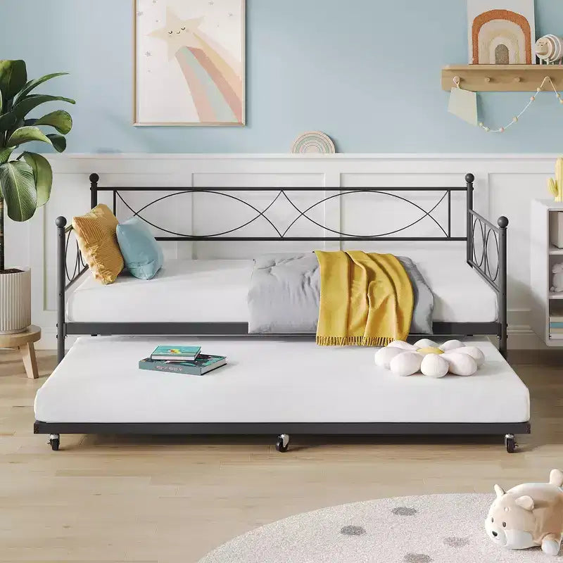 Lit de repos jumeau avec lit gigogne, Ensemble lit de repos et lit gigogne jumeau en métal, Cadre de lit de repos avec support de lattes en acier, Cadre de lit de repos multifonctionnel pour chambre à coucher