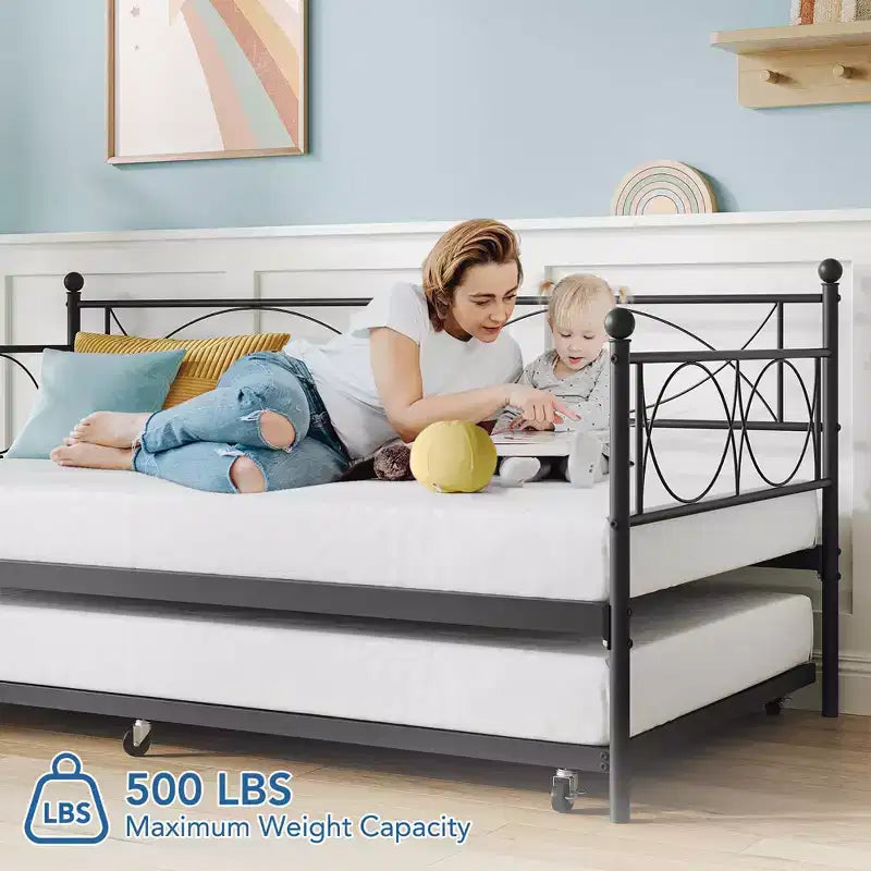 Lit de repos jumeau avec lit gigogne, Ensemble lit de repos et lit gigogne jumeau en métal, Cadre de lit de repos avec support de lattes en acier, Cadre de lit de repos multifonctionnel pour chambre à coucher