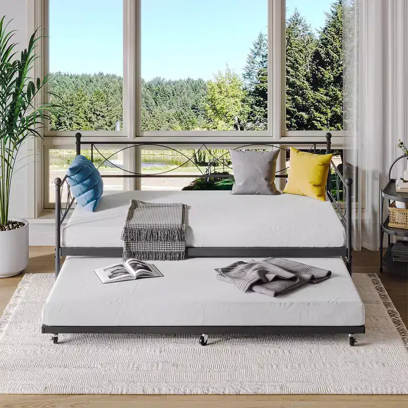 Lit de repos jumeau avec lit gigogne, Ensemble lit de repos et lit gigogne jumeau en métal, Cadre de lit de repos avec support de lattes en acier, Cadre de lit de repos multifonctionnel pour chambre à coucher