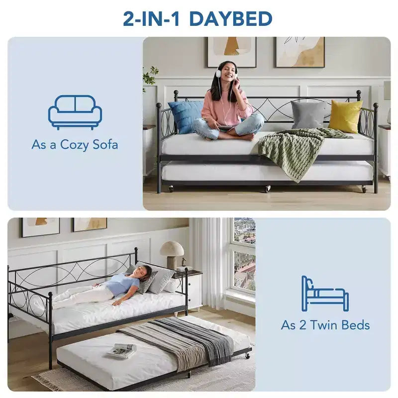 Lit de repos jumeau avec lit gigogne, Ensemble lit de repos et lit gigogne jumeau en métal, Cadre de lit de repos avec support de lattes en acier, Cadre de lit de repos multifonctionnel pour chambre à coucher