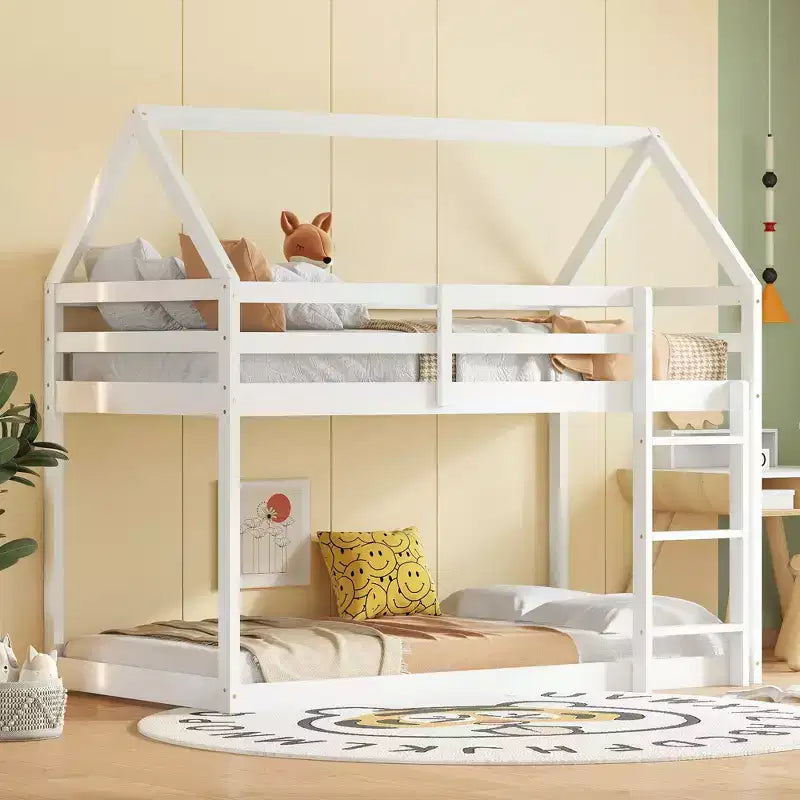 MAYEERTY Lit superposé double en bois d'hévéa avec échelle, balustrades, lit superposé en forme de maison gris