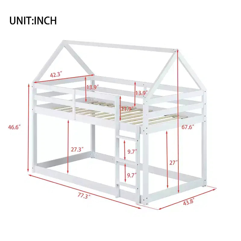 MAYEERTY Lit superposé double en bois d'hévéa avec échelle, balustrades, lit superposé en forme de maison gris