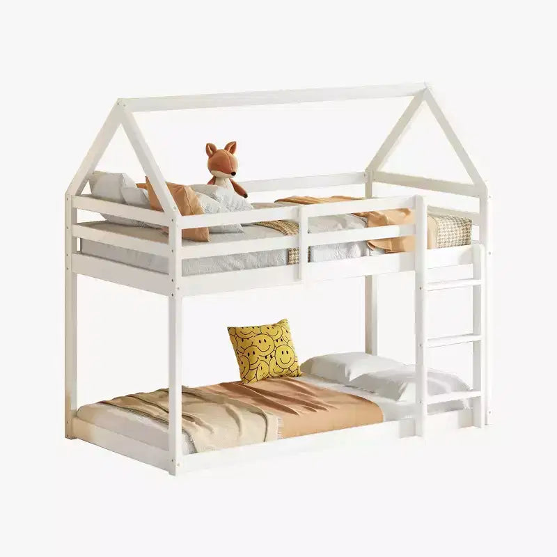 MAYEERTY Lit superposé double en bois d'hévéa avec échelle, balustrades, lit superposé en forme de maison gris