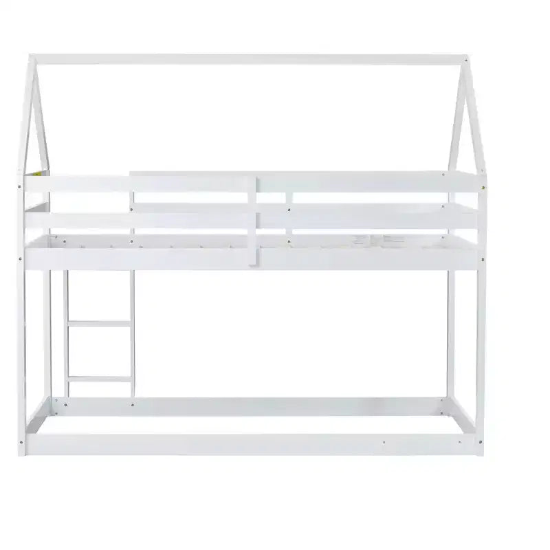 MAYEERTY Lit superposé double en bois d'hévéa avec échelle, balustrades, lit superposé en forme de maison gris