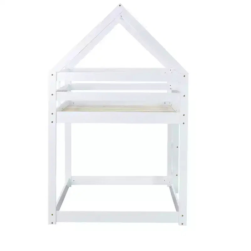 MAYEERTY Lit superposé double en bois d'hévéa avec échelle, balustrades, lit superposé en forme de maison gris