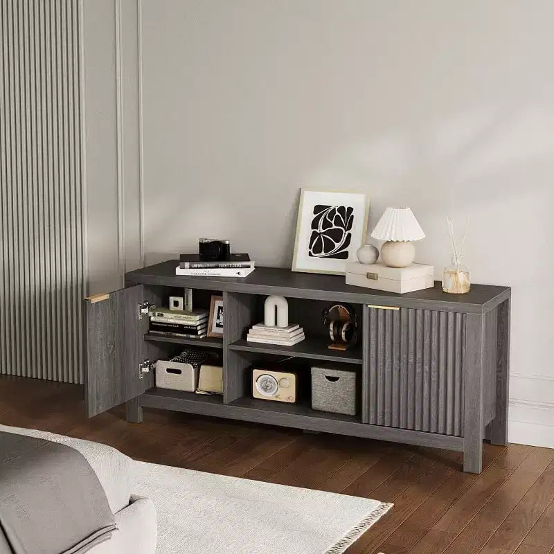 59 TV Stand for TVs Up to 65 Inches, Mid Century Modern TV Entertainment Center w/Storage Cabinets & Open Shelves, Wood TV Cabinet for Home