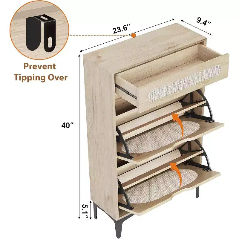 Meuble à chaussures DobleePy en chêne et rotin, rangement à chaussures à 3 niveaux avec 2 tiroirs basculants et 1 tiroir coulissant, étagère réglable, organiseur étroit pour entrée