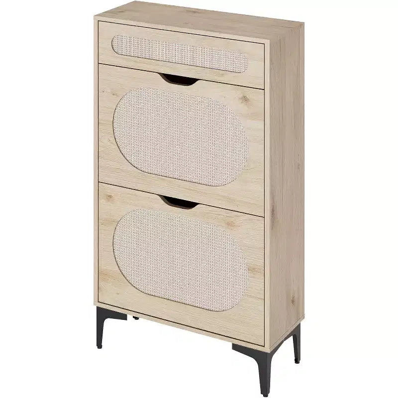 Meuble à chaussures DobleePy en chêne et rotin, rangement à chaussures à 3 niveaux avec 2 tiroirs basculants et 1 tiroir coulissant, étagère réglable, organiseur étroit pour entrée