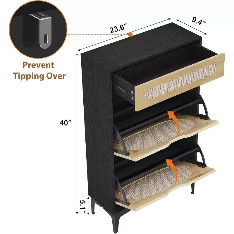 DobleePy Oak Rattan Shoe Cabinet, 3-Tier Shoe Storage with 2 Flip Drawers & 1 Pull-Out Drawer, Adjustable Shelf, Narrow Organizer for Entryway