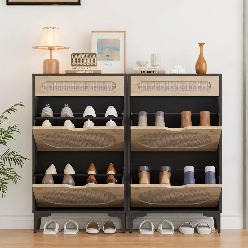 DobleePy Oak Rattan Shoe Cabinet, 3-Tier Shoe Storage with 2 Flip Drawers & 1 Pull-Out Drawer, Adjustable Shelf, Narrow Organizer for Entryway