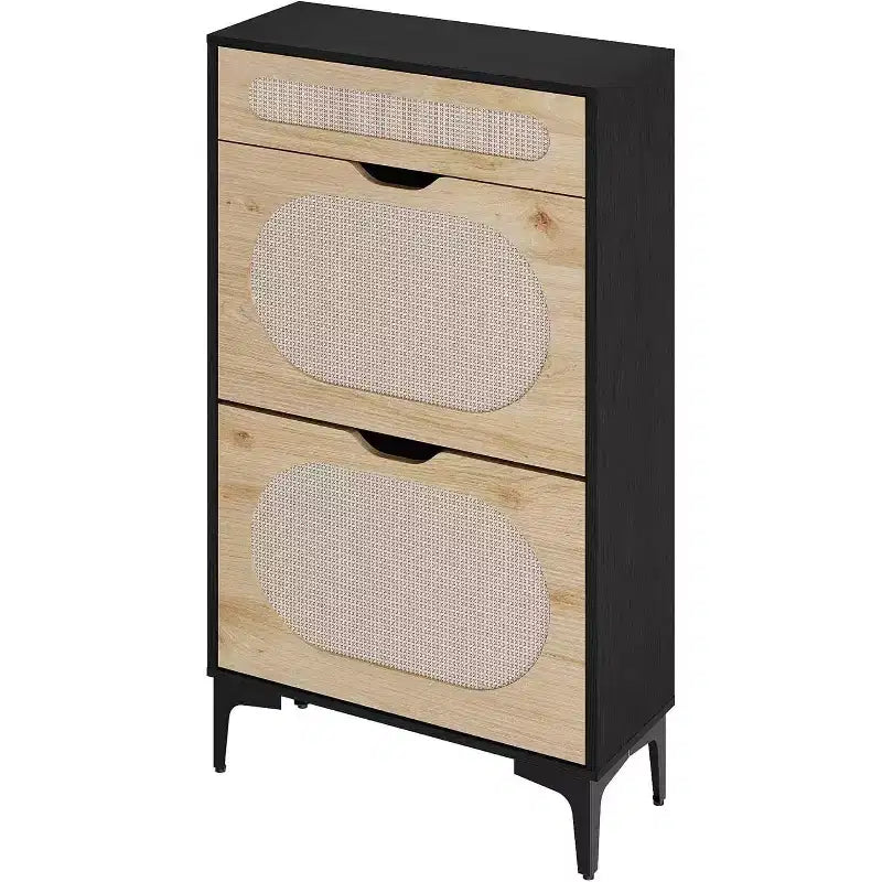 Meuble à chaussures DobleePy en chêne et rotin, rangement à chaussures à 3 niveaux avec 2 tiroirs basculants et 1 tiroir coulissant, étagère réglable, organiseur étroit pour entrée