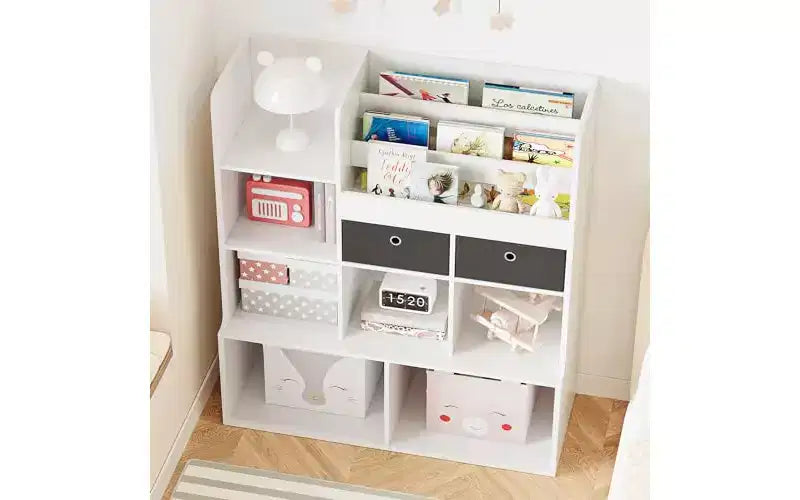 GustoWave Étagère à Livres pour Enfants à 4 Niveaux, Organisateur de Rangement en Bois pour Jouets, avec 10 Compartiments et 2 Tiroirs, Bibliothèque pour Enfants, Meuble de Rangement pour Enfants