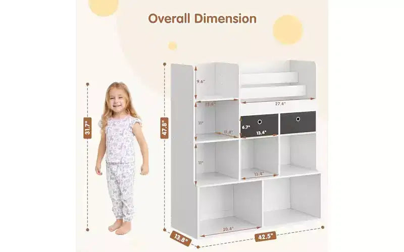 GustoWave Étagère à Livres pour Enfants à 4 Niveaux, Organisateur de Rangement en Bois pour Jouets, avec 10 Compartiments et 2 Tiroirs, Bibliothèque pour Enfants, Meuble de Rangement pour Enfants