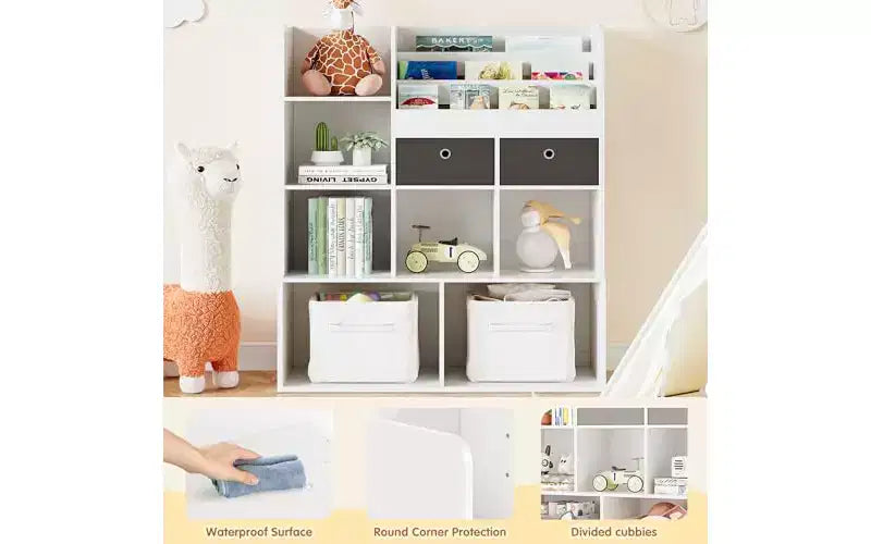 GustoWave Étagère à Livres pour Enfants à 4 Niveaux, Organisateur de Rangement en Bois pour Jouets, avec 10 Compartiments et 2 Tiroirs, Bibliothèque pour Enfants, Meuble de Rangement pour Enfants
