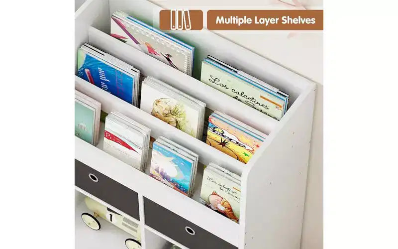 GustoWave Étagère à Livres pour Enfants à 4 Niveaux, Organisateur de Rangement en Bois pour Jouets, avec 10 Compartiments et 2 Tiroirs, Bibliothèque pour Enfants, Meuble de Rangement pour Enfants