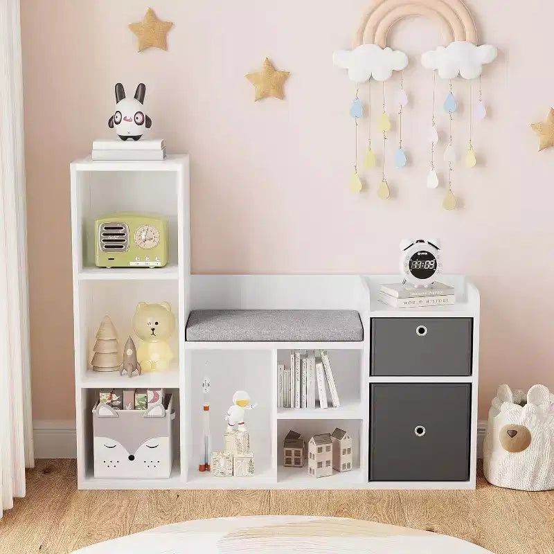 GustoWave Étagère à Livres pour Enfants à 4 Niveaux, Organisateur de Rangement en Bois pour Jouets, avec 10 Compartiments et 2 Tiroirs, Bibliothèque pour Enfants, Meuble de Rangement pour Enfants