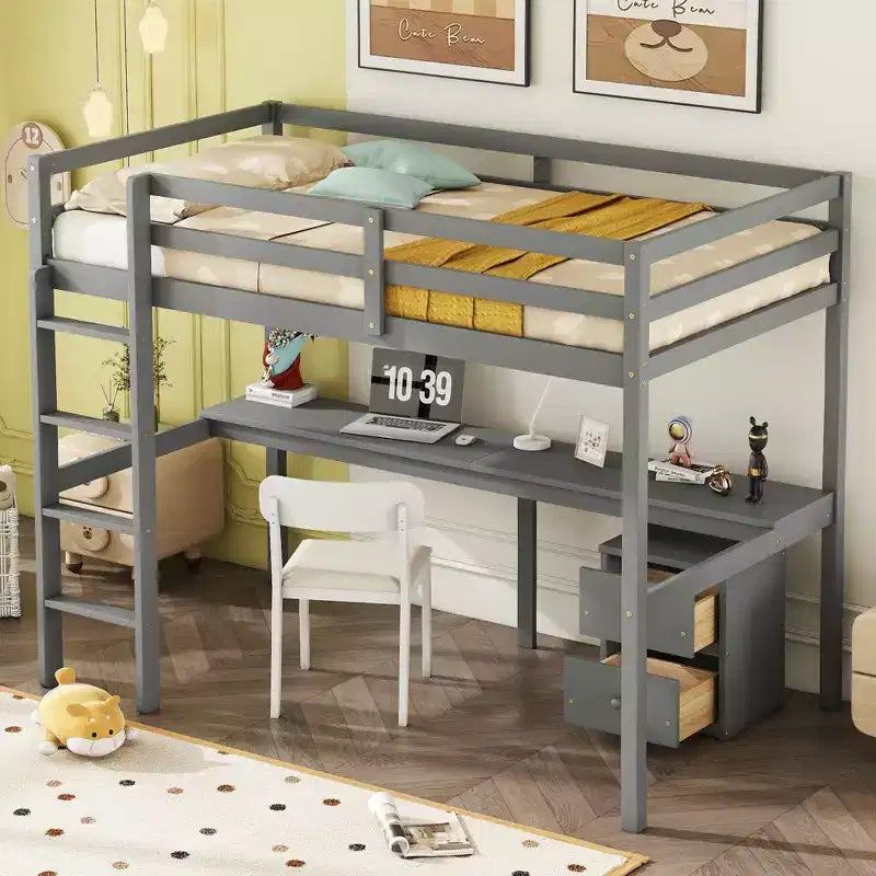 MAYEERTY Lit mezzanine double en bois avec lit d'appoint, bureau intégré, armoire de rangement à 2 tiroirs, barrières de sécurité, gris