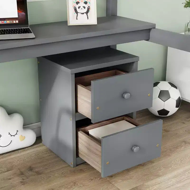 MAYEERTY Lit mezzanine double en bois avec lit d'appoint, bureau intégré, armoire de rangement à 2 tiroirs, barrières de sécurité, gris