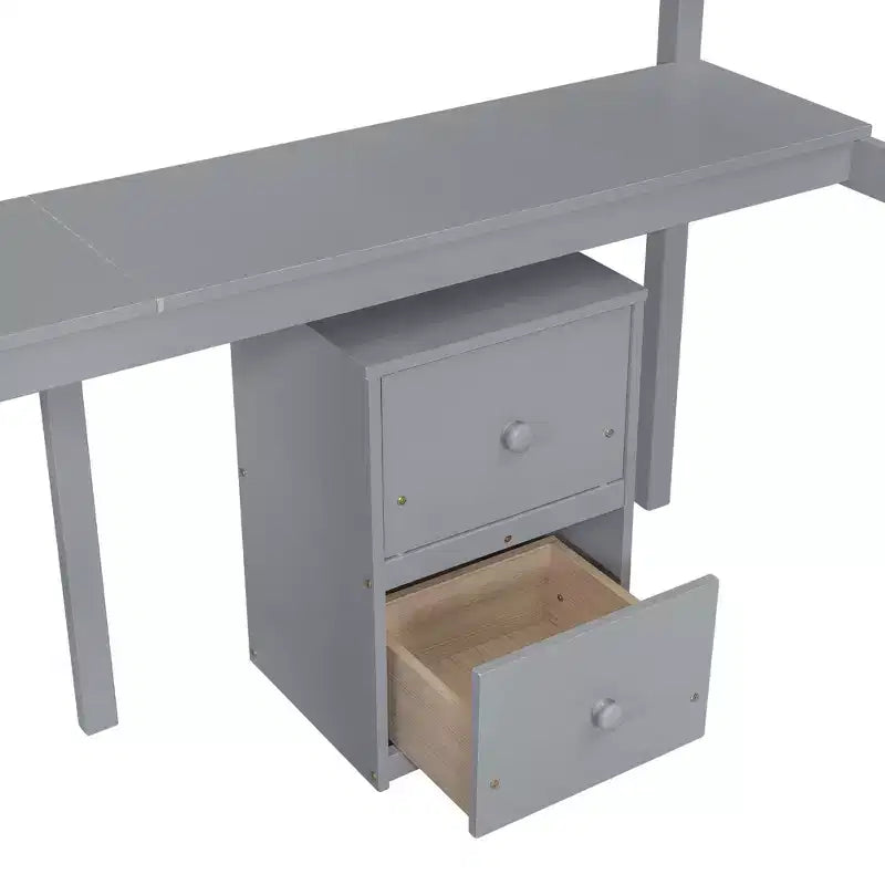 MAYEERTY Lit mezzanine double en bois avec lit d'appoint, bureau intégré, armoire de rangement à 2 tiroirs, barrières de sécurité, gris