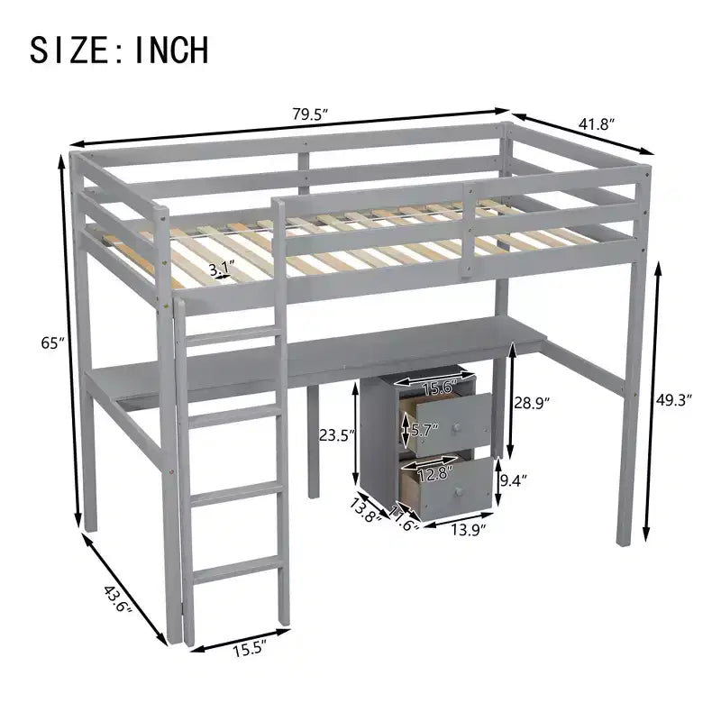 MAYEERTY Lit mezzanine double en bois avec lit d'appoint, bureau intégré, armoire de rangement à 2 tiroirs, barrières de sécurité, gris