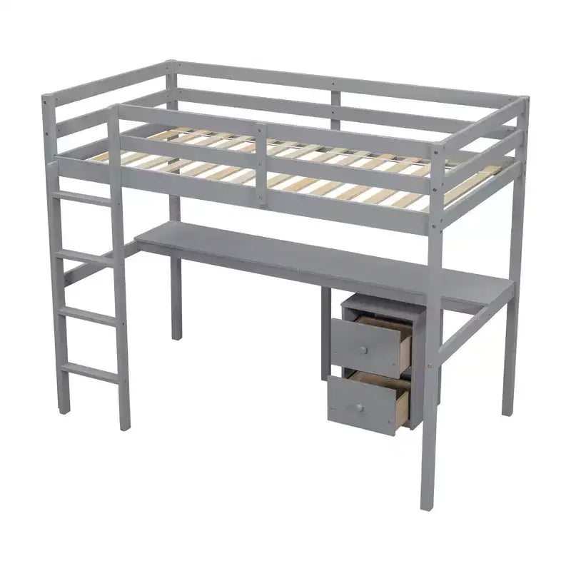MAYEERTY Lit mezzanine double en bois avec lit d'appoint, bureau intégré, armoire de rangement à 2 tiroirs, barrières de sécurité, gris