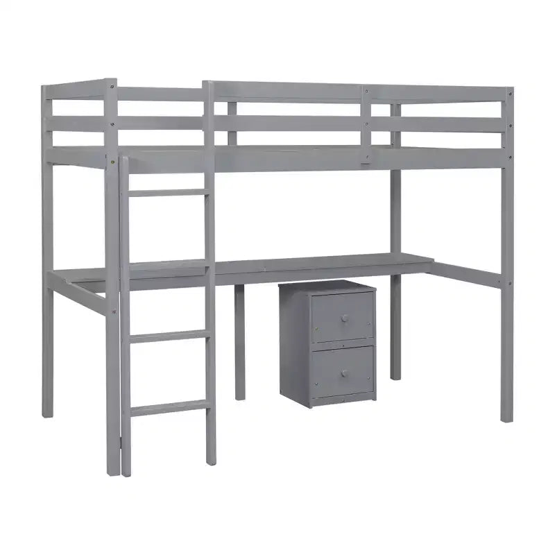 MAYEERTY Lit mezzanine double en bois avec lit d'appoint, bureau intégré, armoire de rangement à 2 tiroirs, barrières de sécurité, gris