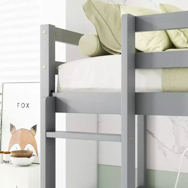 MAYEERTY Lit mezzanine double en bois avec lit d'appoint, bureau intégré, armoire de rangement à 2 tiroirs, barrières de sécurité, gris