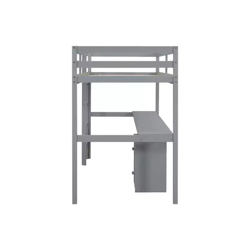 MAYEERTY Lit mezzanine double en bois avec lit d'appoint, bureau intégré, armoire de rangement à 2 tiroirs, barrières de sécurité, gris