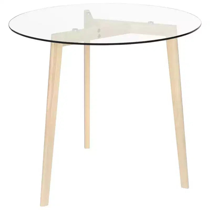 vidaXL Table à manger ronde élégante avec plateau en verre trempé et pieds en bois de chêne massif pour cuisine ou salle à manger, brun transparent, 80 cm de diamètre