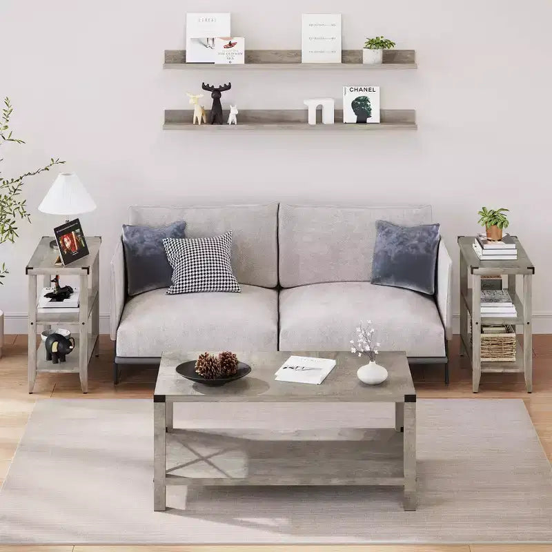 Table d'appoint rustique de ferme avec étagère de rangement pour petits espaces Table de chevet étroite grise pour salon, chambre (2 pièces)