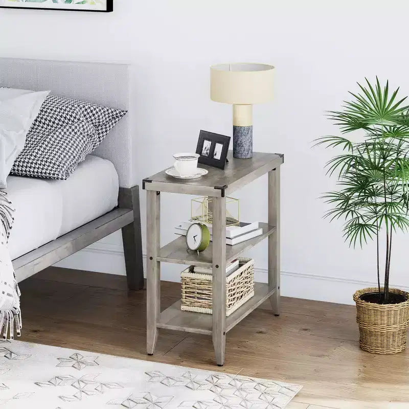 Table d'appoint rustique de ferme avec étagère de rangement pour petits espaces Table de chevet étroite grise pour salon, chambre (2 pièces)