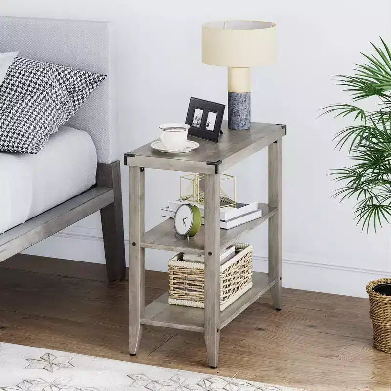 Table d'appoint rustique de ferme avec étagère de rangement pour petits espaces Table de chevet étroite grise pour salon, chambre (2 pièces)