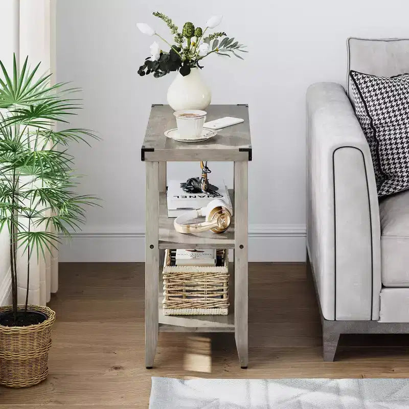 Table d'appoint rustique de ferme avec étagère de rangement pour petits espaces Table de chevet étroite grise pour salon, chambre (2 pièces)