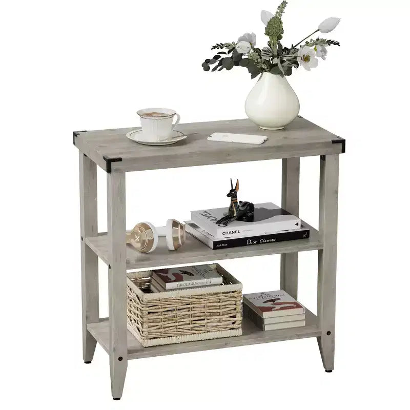 Table d'appoint rustique de ferme avec étagère de rangement pour petits espaces Table de chevet étroite grise pour salon, chambre (2 pièces)