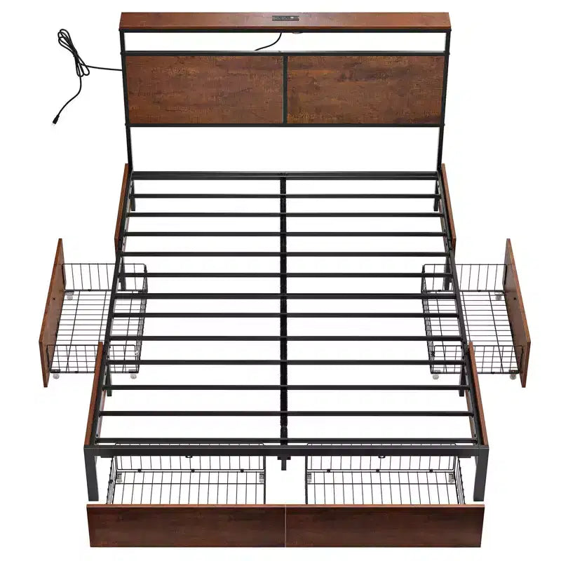 Cadre de lit rembourré Hausource avec tête de lit LED, tiroirs de rangement et ports USB, sommier tapissier non requis
