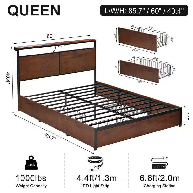 Cadre de lit rembourré Hausource avec tête de lit LED, tiroirs de rangement et ports USB, sommier tapissier non requis