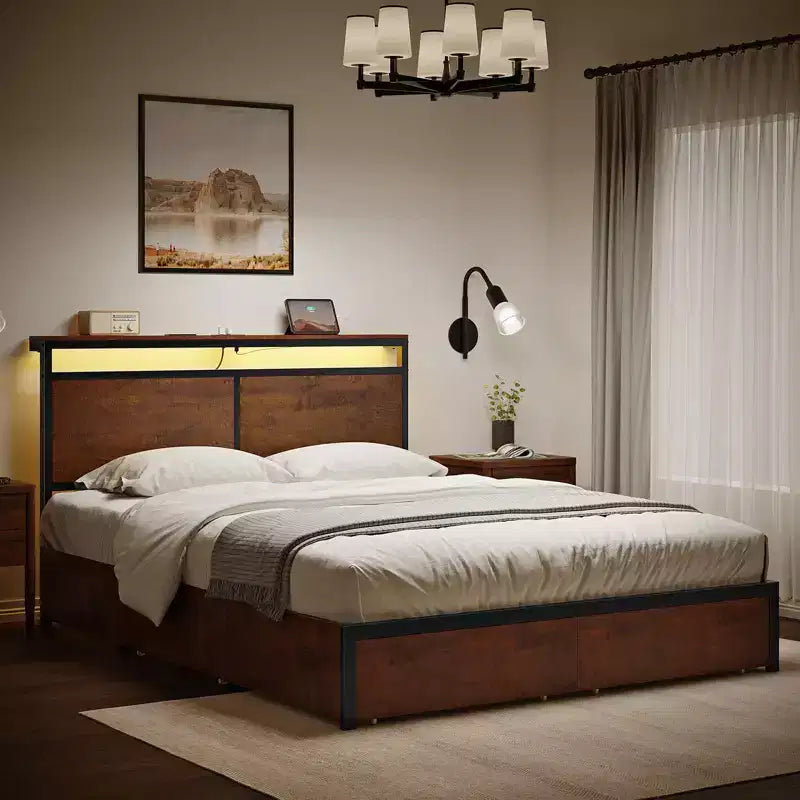 Cadre de lit rembourré Hausource avec tête de lit LED, tiroirs de rangement et ports USB, sommier tapissier non requis