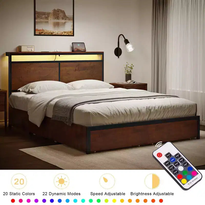Cadre de lit rembourré Hausource avec tête de lit LED, tiroirs de rangement et ports USB, sommier tapissier non requis