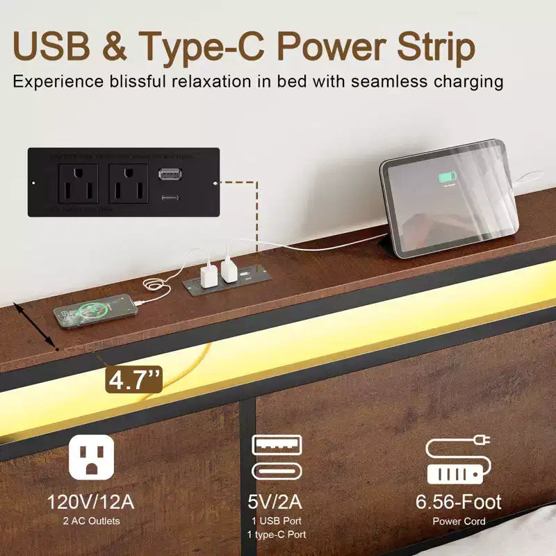 Cadre de lit rembourré Hausource avec tête de lit LED, tiroirs de rangement et ports USB, sommier tapissier non requis