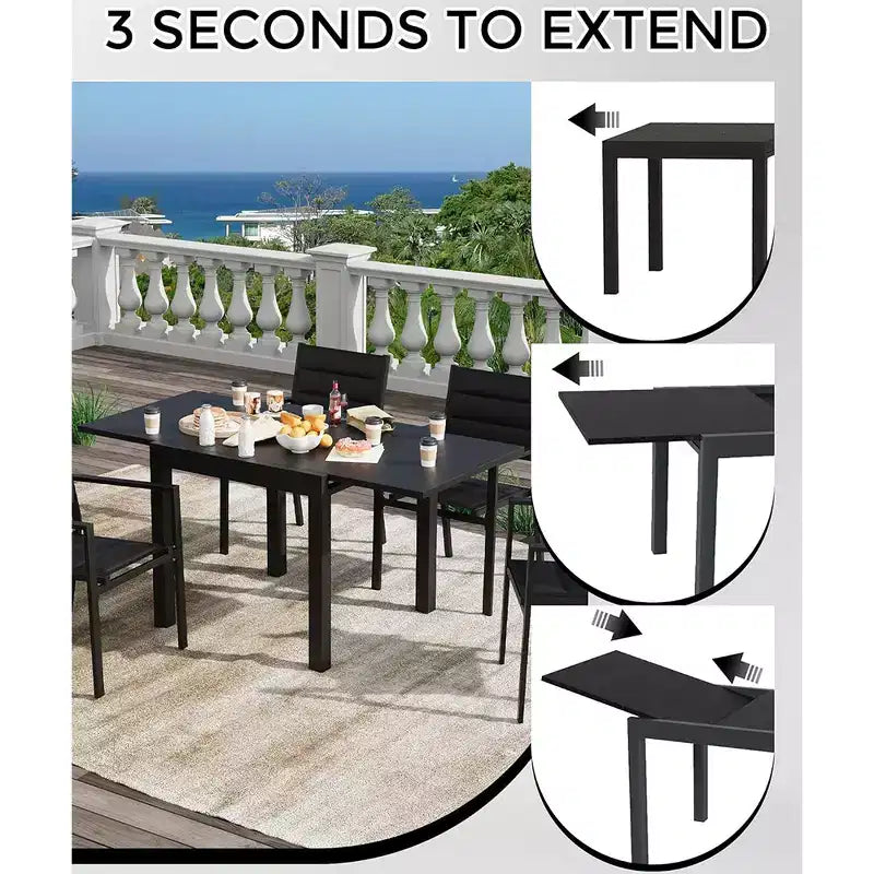 Ensemble table à manger d'extérieur extensible pour 4 à 6 personnes, table de patio de 80-160 cm, cadre en aluminium