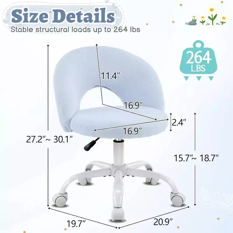 VINGLI Petite chaise de vanité pivotante à 360° avec roulettes pour filles, jolie chaise de bureau sans accoudoirs réglable en hauteur pour petits espaces, bleue