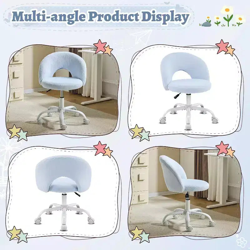 VINGLI Petite chaise de vanité pivotante à 360° avec roulettes pour filles, jolie chaise de bureau sans accoudoirs réglable en hauteur pour petits espaces, bleue