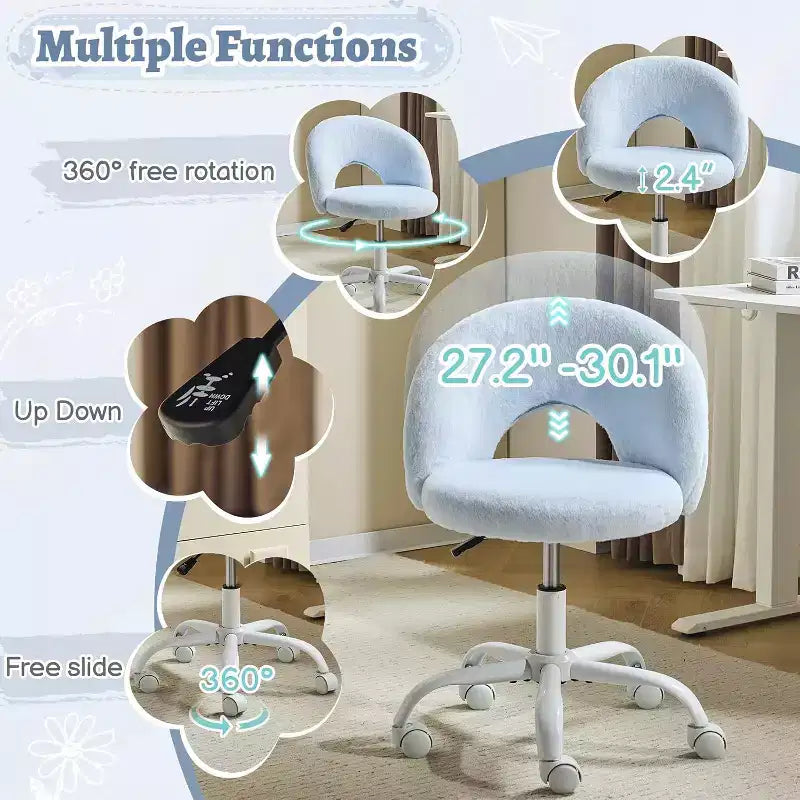 VINGLI Petite chaise de vanité pivotante à 360° avec roulettes pour filles, jolie chaise de bureau sans accoudoirs réglable en hauteur pour petits espaces, bleue